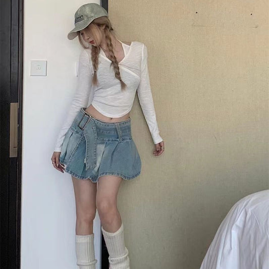 High Waist Slimming Denim Pleated Skirt