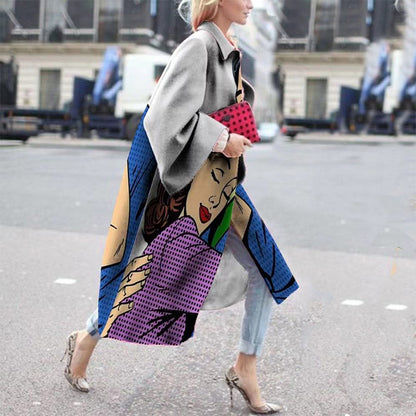 Women's Fashion Long Sleeve Turn-down Collar Coat Printed Woolen
