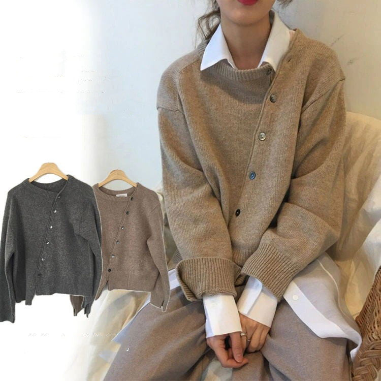 Women's Oblique Button Irregular Round Neck Sweater