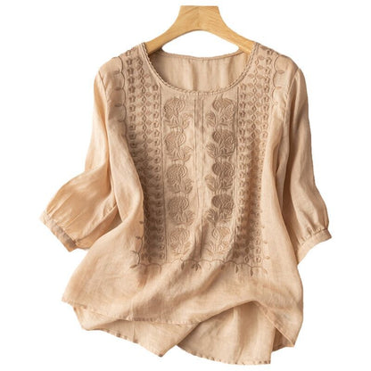 Women's Loose Embroidery Mid Sleeve Ramie Top