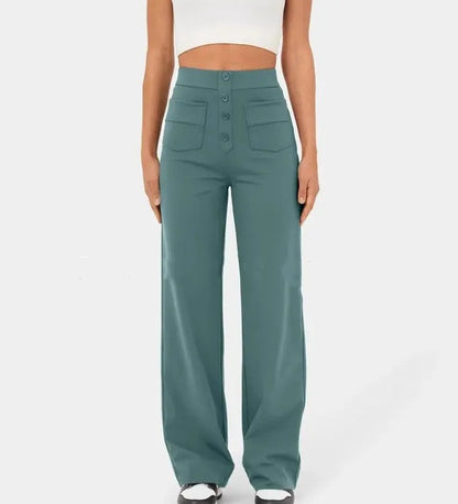 New Fall Women's Clothing High Waist Pocket Wide Leg Button Casual Baggy Straight Trousers Trousers