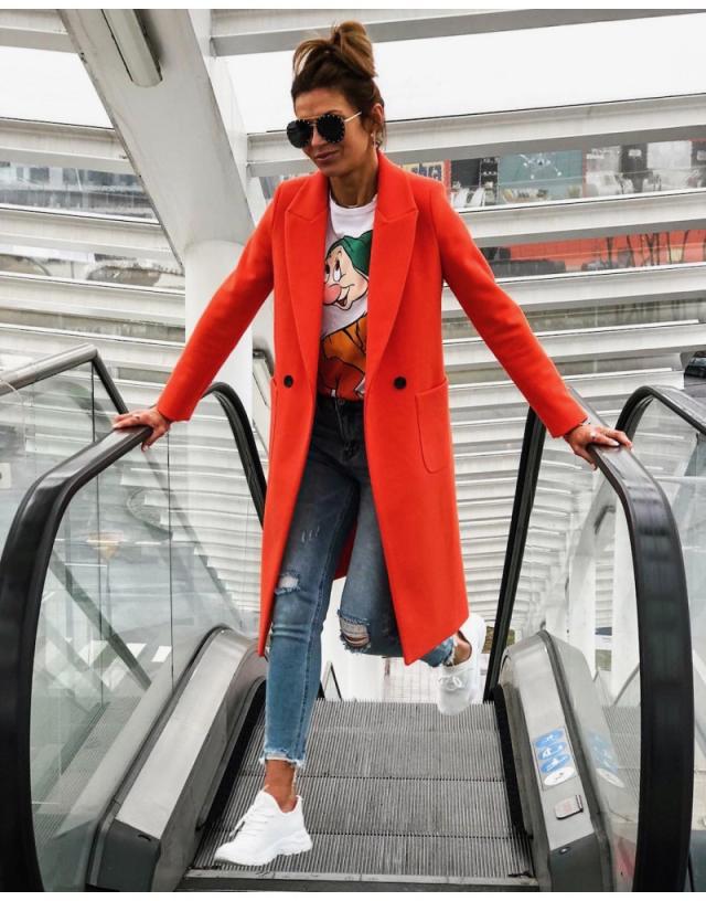 Long candy color lapel woolen coat