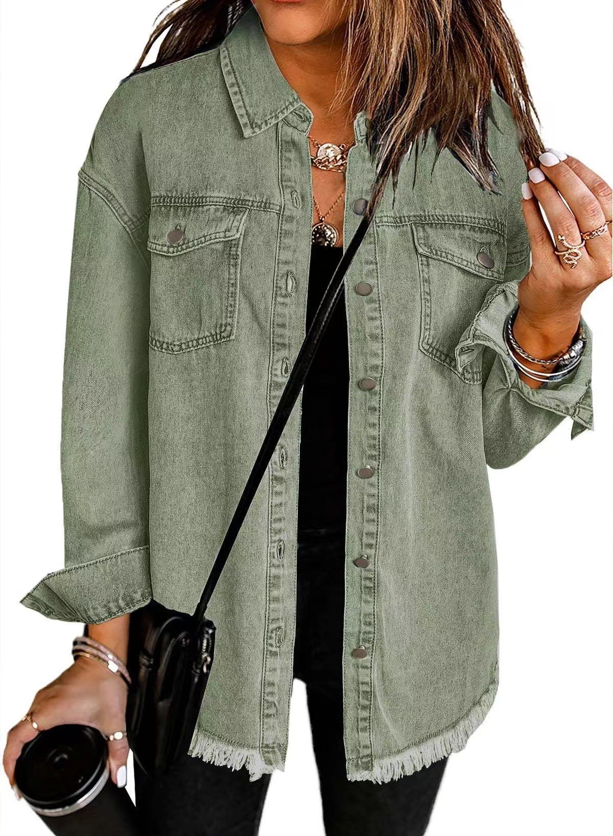 Washed Denim Shirt Women's Personalized Street Style Frayed Hem Coat
