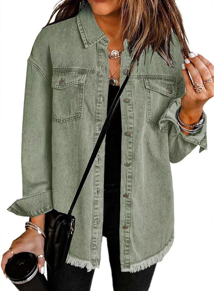 Washed Denim Shirt Women's Personalized Street Style Frayed Hem Coat