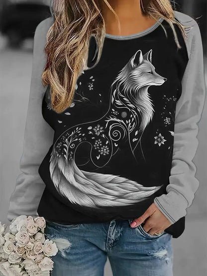 Contrast Color Fox Print Pattern Round Neck Long Sleeve T-shirt