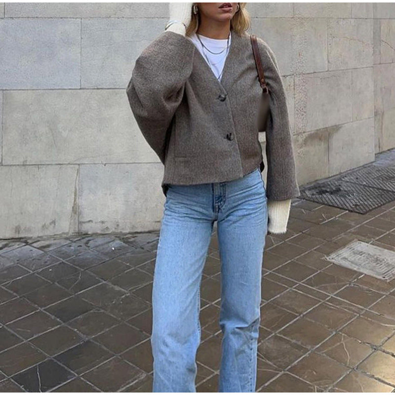 Women's V-neck Long Sleeve Button Short Coat