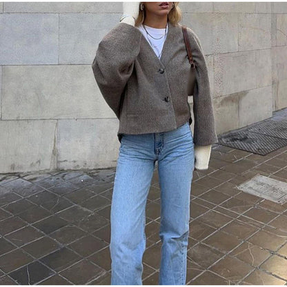 Women's V-neck Long Sleeve Button Short Coat