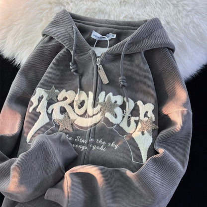 XINGX Corduroy Cardigan Coat Spring And Autumn Loose Hooded Sweater