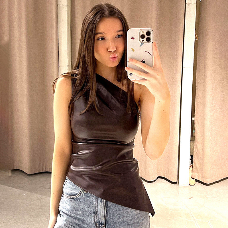 Solid Color Sleeveless One-shoulder Diagonal Collar Zipper T-shirt Top For Women