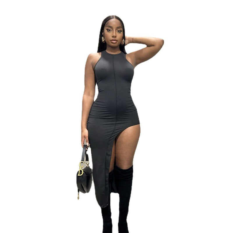 Women's Fashion Simple Round Neck Sleeveless Splicing Slim Dress