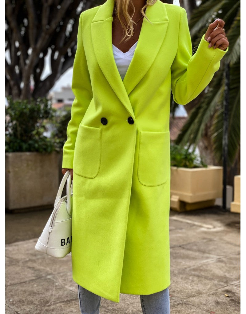 Long candy color lapel woolen coat