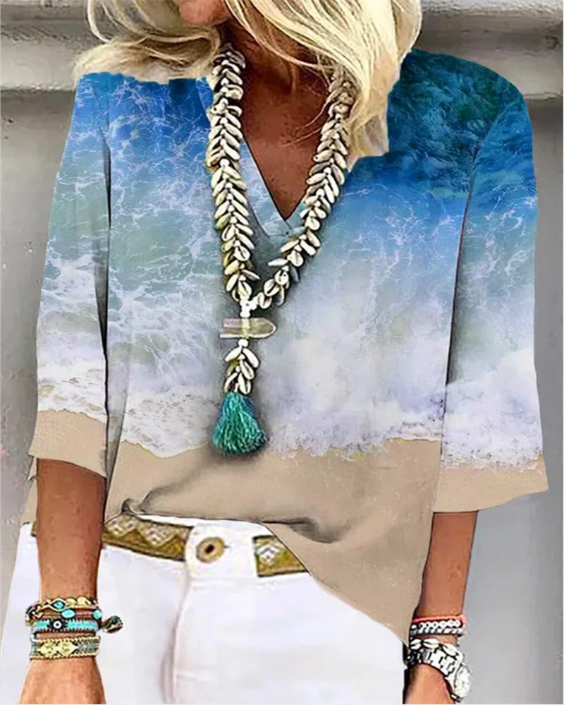 Women's Fashion Loose V-neck Print Loose Shirt