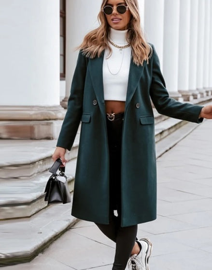 Long candy color lapel woolen coat