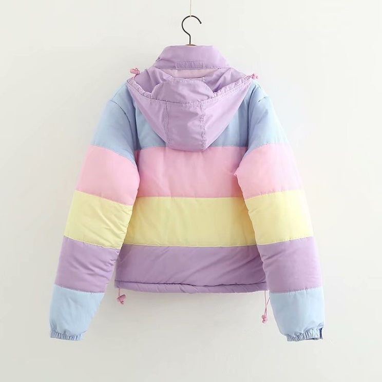 Rainbow contrast color loose padded coat jacket bread service