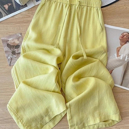 High Waist Drape Linen Cropped Straight Pants