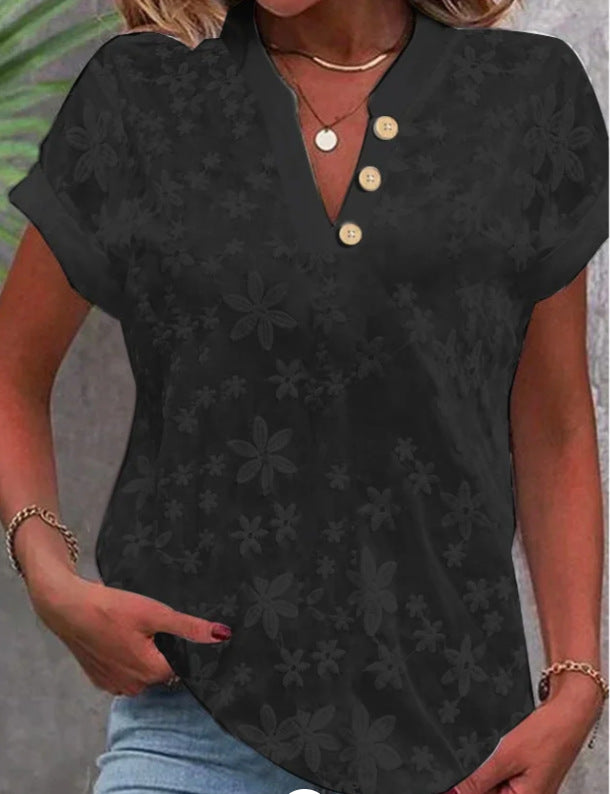 Women's Embroidered V-neck Short Sleeve Button Shirt
