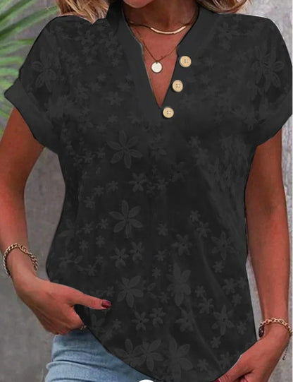 Women's Embroidered V-neck Short Sleeve Button Shirt