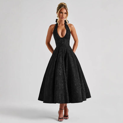 V-neck Halter Sleeveless Jacquard Lace-up Waist Vacation Style Long Senior Dress