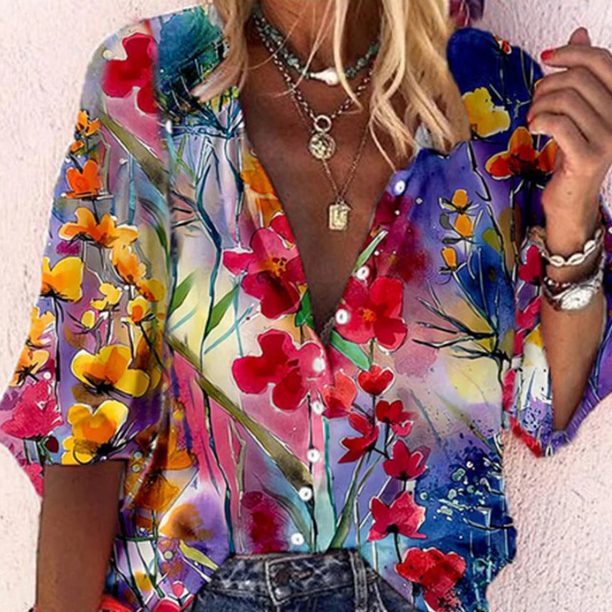Fashion V-neck 3d Floral Printed Long-sleeved Top