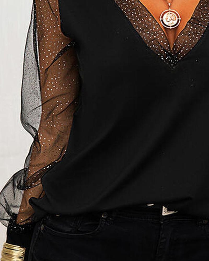 V Neck Fashion Mesh Patchwork Top