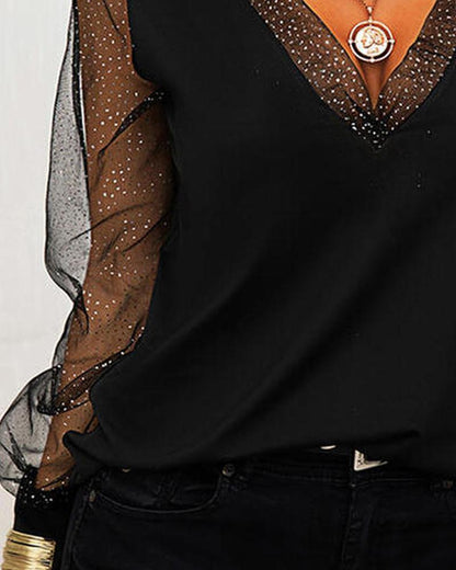 V Neck Fashion Mesh Patchwork Top