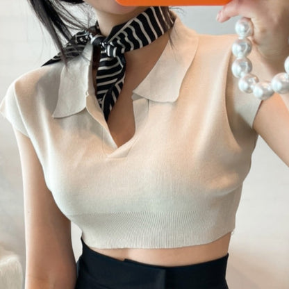 French Simple Polo Collar Short-sleeved Sweater Women Thin Section