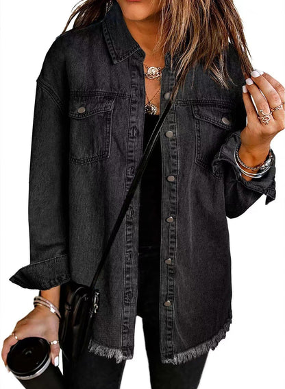 Washed Denim Shirt Women's Personalized Street Style Frayed Hem Coat