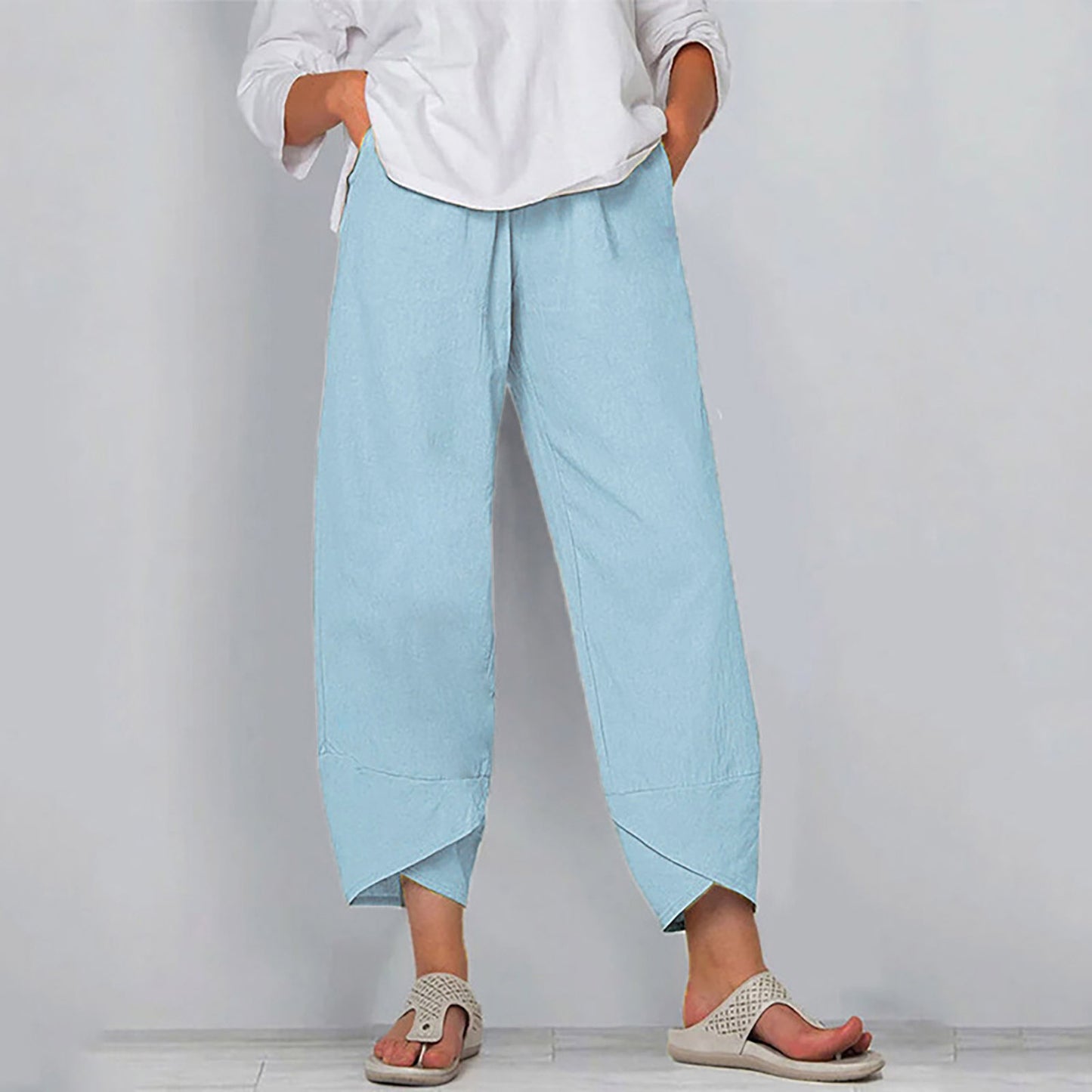 Cotton Sack Trousers With Loose Solid Color Elastic Waist And Side Pockets