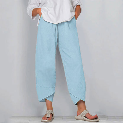 Cotton Sack Trousers With Loose Solid Color Elastic Waist And Side Pockets