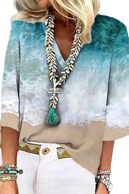 Women's Fashion Loose V-neck Print Loose Shirt