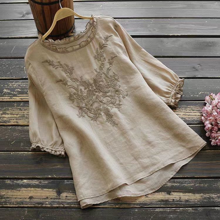 Art Style Short Sleeve T-shirt Female Embroidered Plus Size
