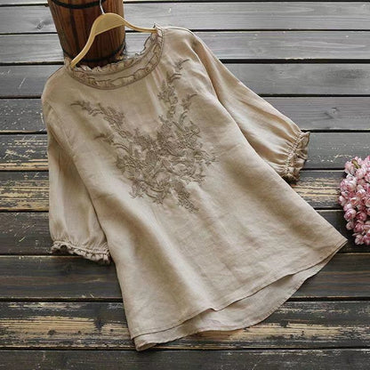 Art Style Short Sleeve T-shirt Female Embroidered Plus Size