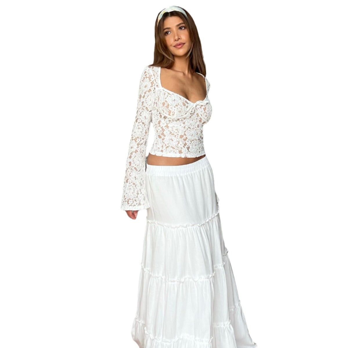 Solid Color Lace V-neck Horn Long Sleeves Cropped Top