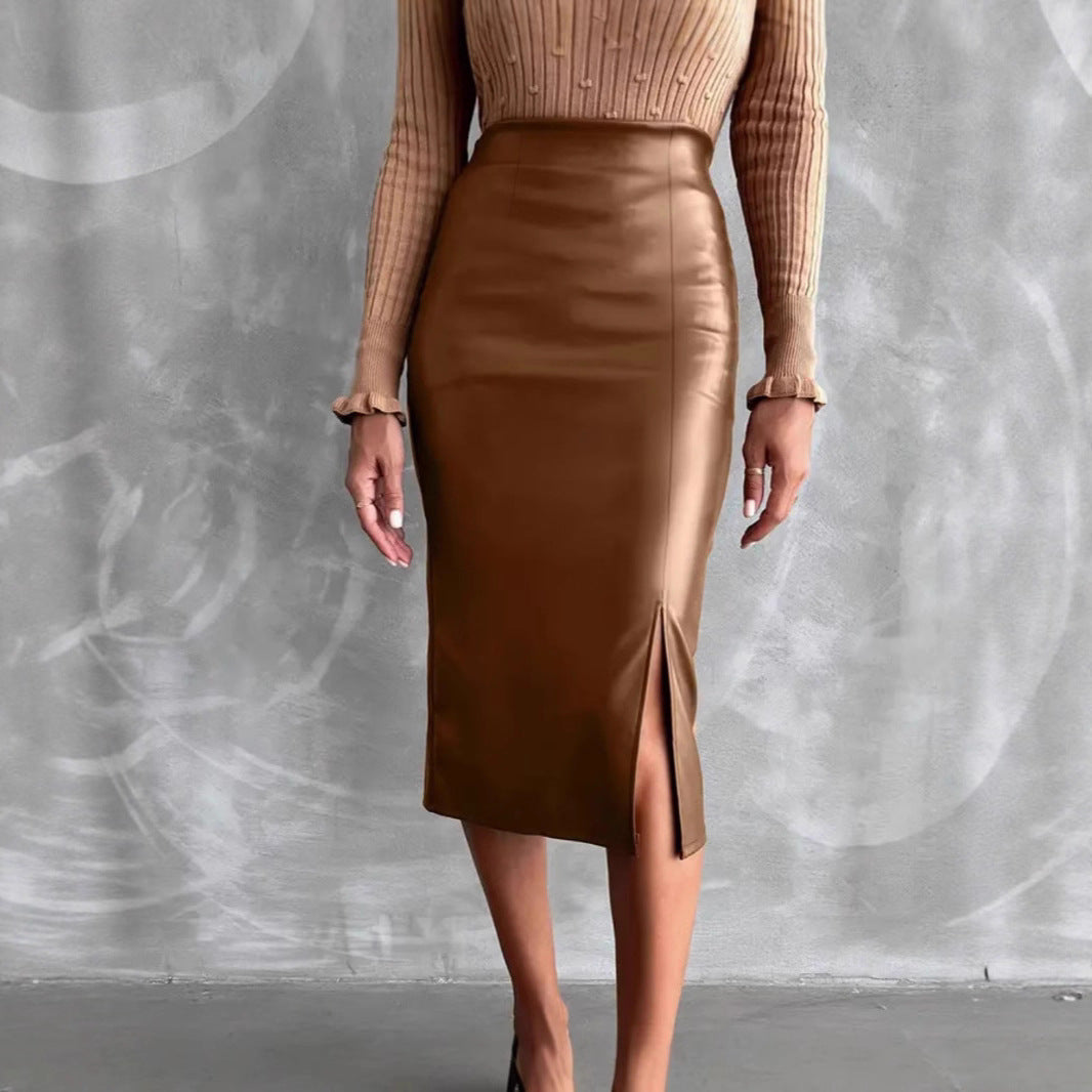 High Waist Slimming All-matching Hip Split PU Leather Skirt