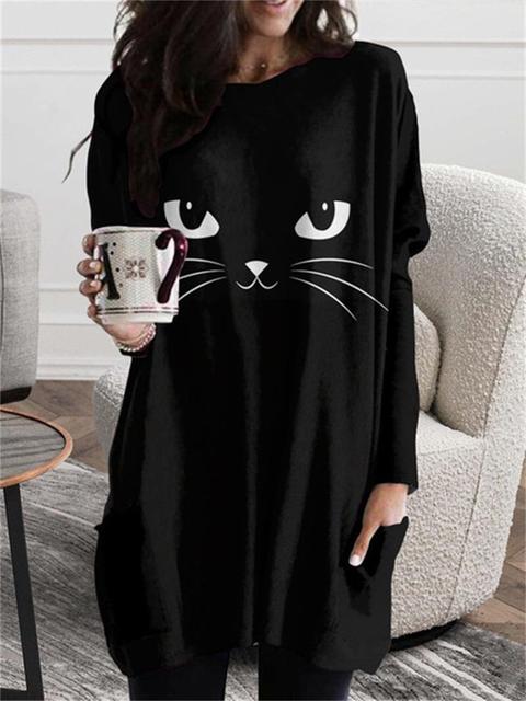 New Christmas Print Women's Fashion Pocket T-shirt Long