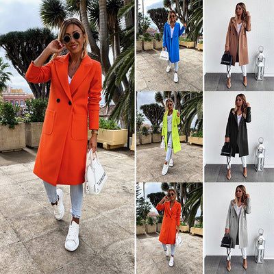 Long candy color lapel woolen coat