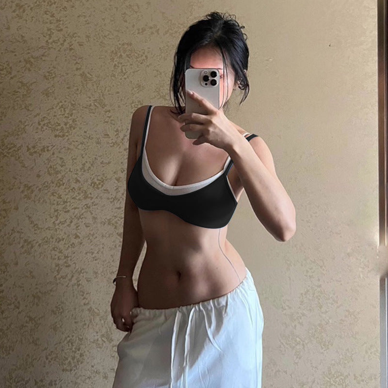 Contrast Color Sling Top Fake Two-piece Sports