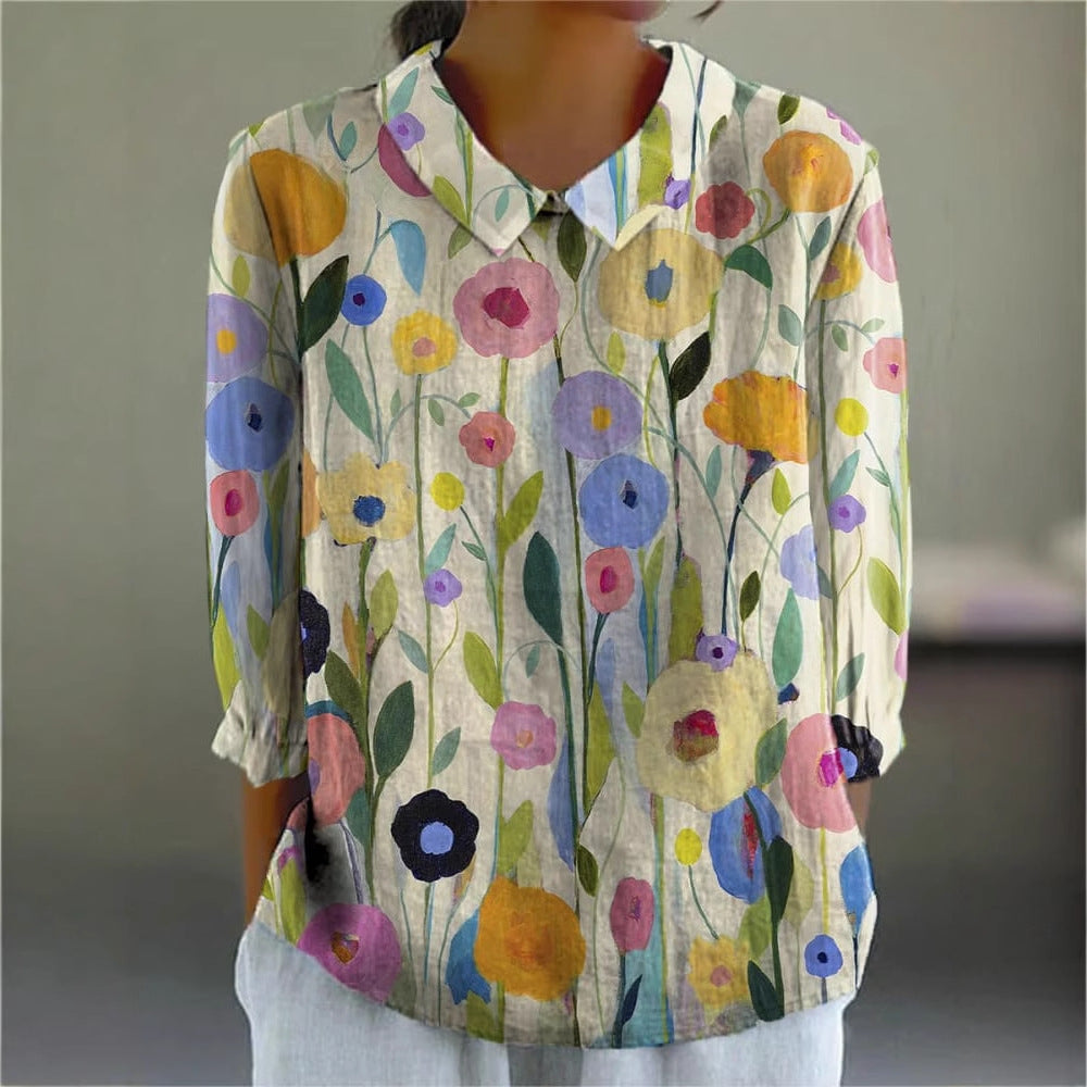 Ladies Flower Fashion Personality Polo Collar Top