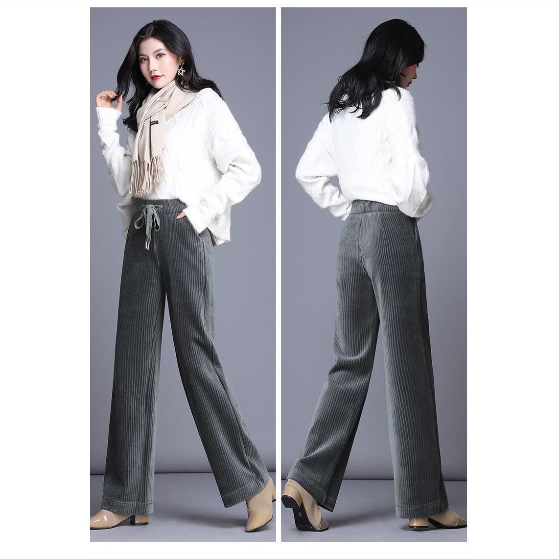 Fashion Straight Solid Pants Casual High Waist Plus Office Lady Elastic Waist Corduroy