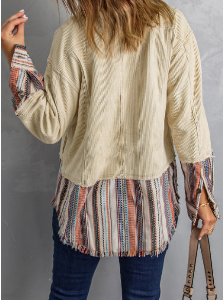 Button Up Pockets Striped Color Block Corduroy Jacket