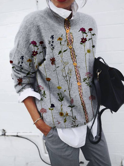 Women's Fashion Brushed Flower Printed Loose Long Sleeve Top