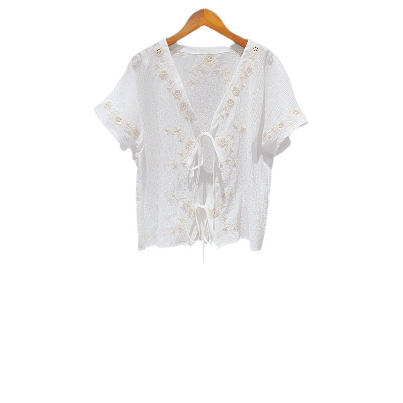 V-neck Short-sleeved Lace-up Mori Blouse