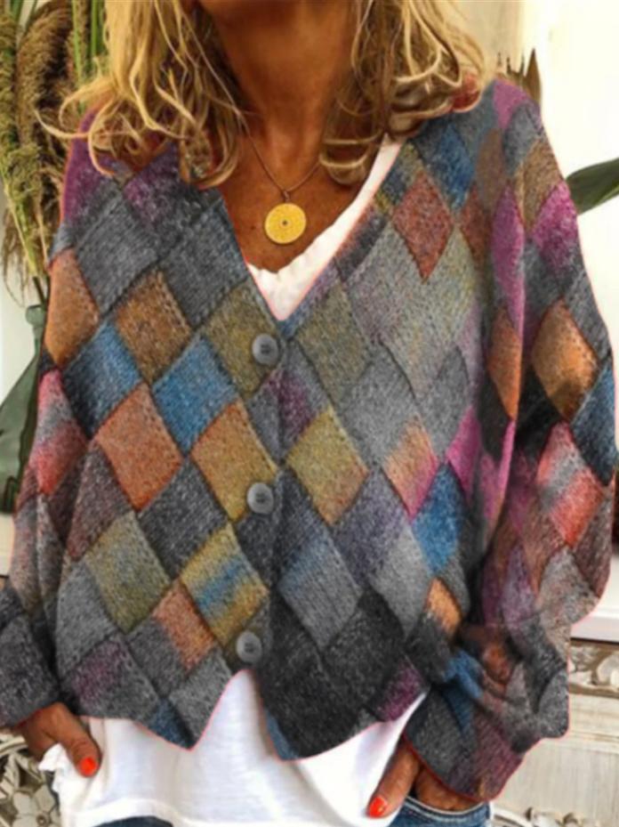 Spring And Autumn Casual V-neck Button Irregular Pattern Print Coat For Women