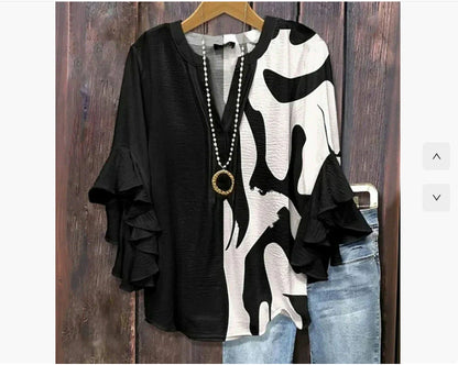 Women's V-neck Fashion Lotus Sleeve T-shirt