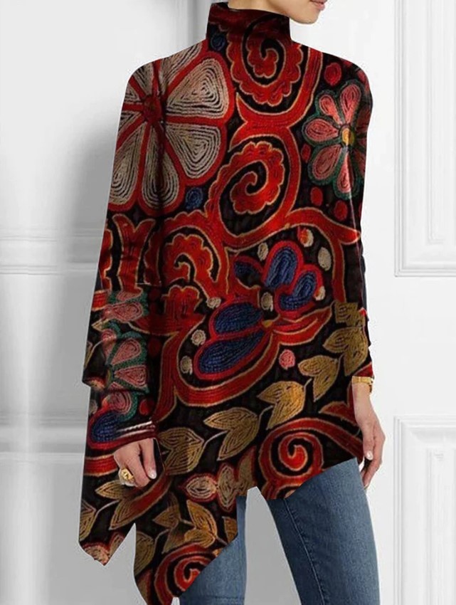 Christmas Abstract 3D Printed Loose Turtleneck Urban Casual Women's T-shirt