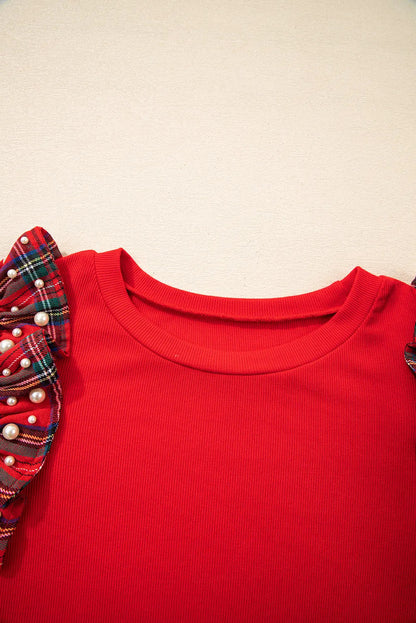 Racing Red Plaid Pearl Ruffle Short Sleeve Loose T Shirt