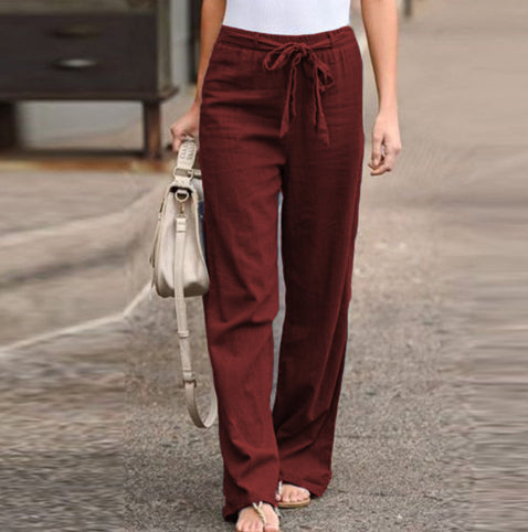 Elastic Waist Solid Color Cotton And Linen Wide-leg Pants Loose Trousers