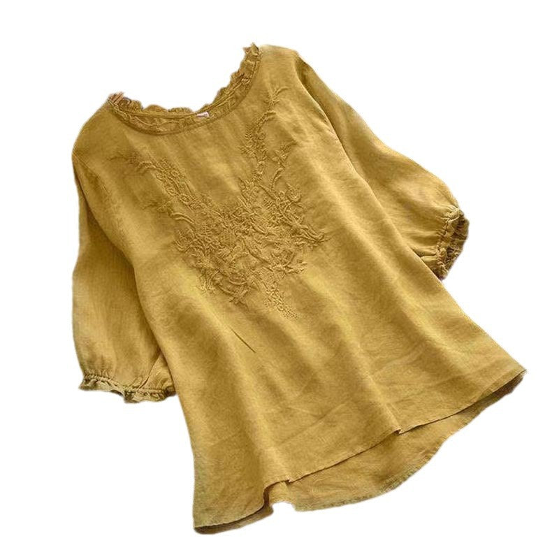 Art Style Short Sleeve T-shirt Female Embroidered Plus Size