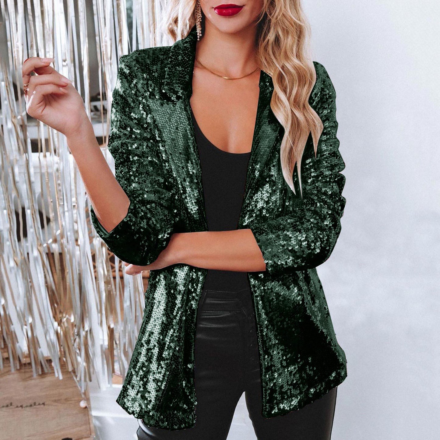 Lapel Long Sleeve Sequined Casual Suit Jacket Women