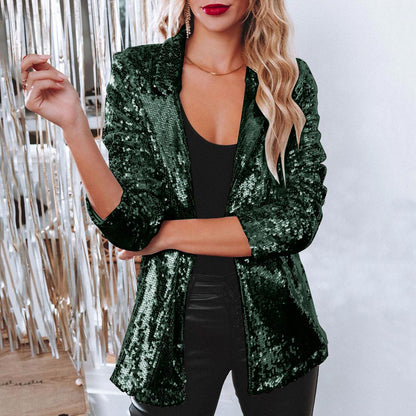 Lapel Long Sleeve Sequined Casual Suit Jacket Women